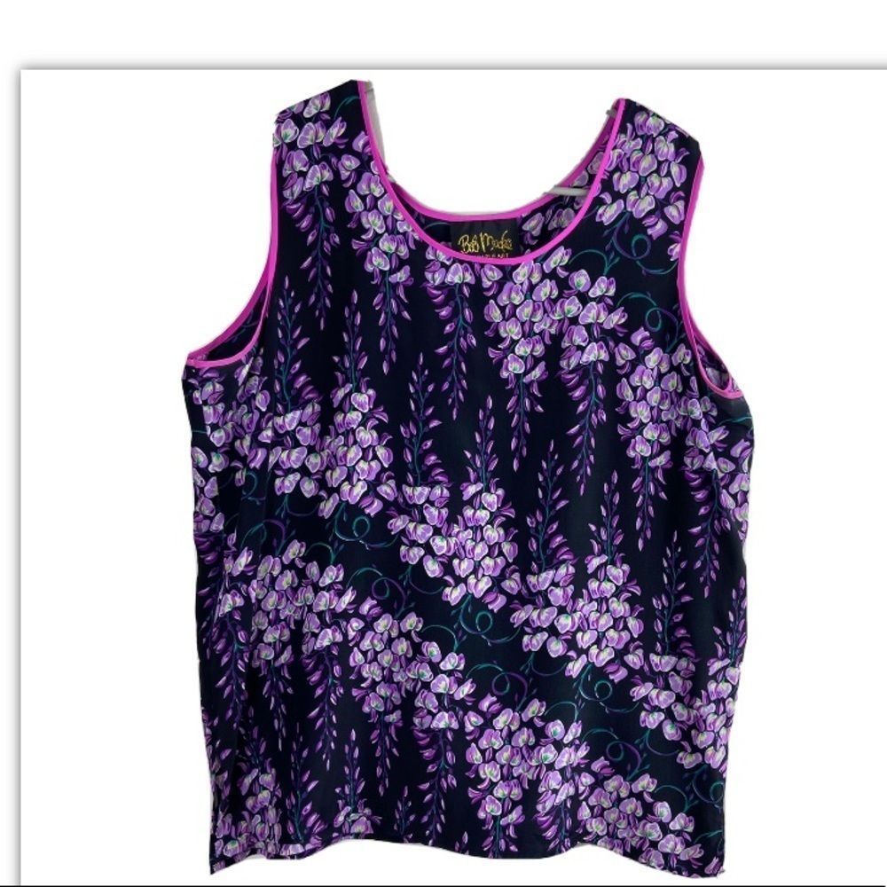 bob mackie wearable art 100% silk purple floral sleeveless blouse
